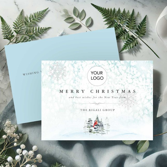 Convite Placas de Natal para Empresas com Logotipo (Business Christmas cards with logo blue winter scene with pine trees and a red cardinal.)