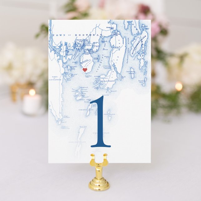 Convite Placas de números de tabela de casamento do Spruce (Spruce Point Inn Wedding Table Number Cards in elegant navy blue from Coastal Map Designs)