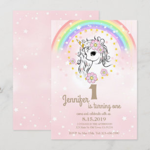 Convite Placas de primeiro aniversario do Unicórnio RosaB