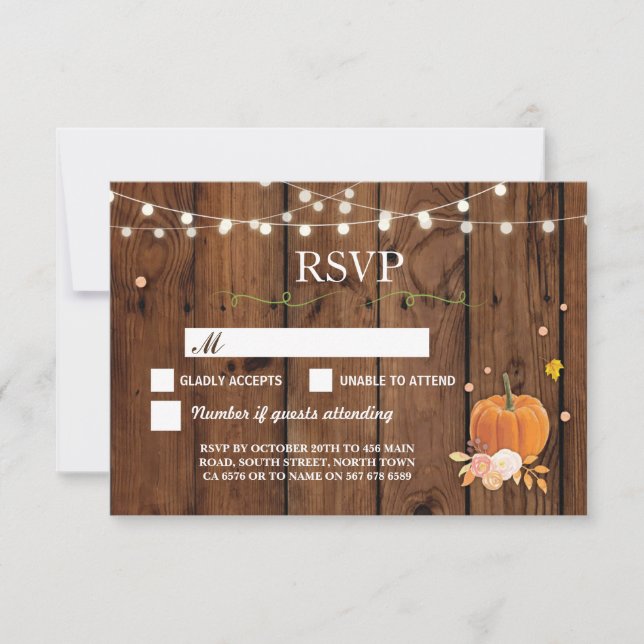 Convite Placas de resposta RSVP Wedding Rustic Wood Pumpki (Frente)