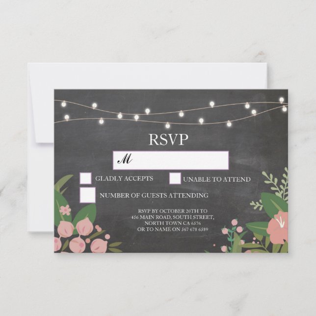Convite Placas Florais RSVP Chalk Wedtic Lights (Frente)