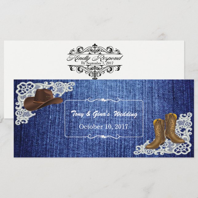 Convite Placas RSVP de Casamento de Denim Boots & Lace (Frente/Verso)