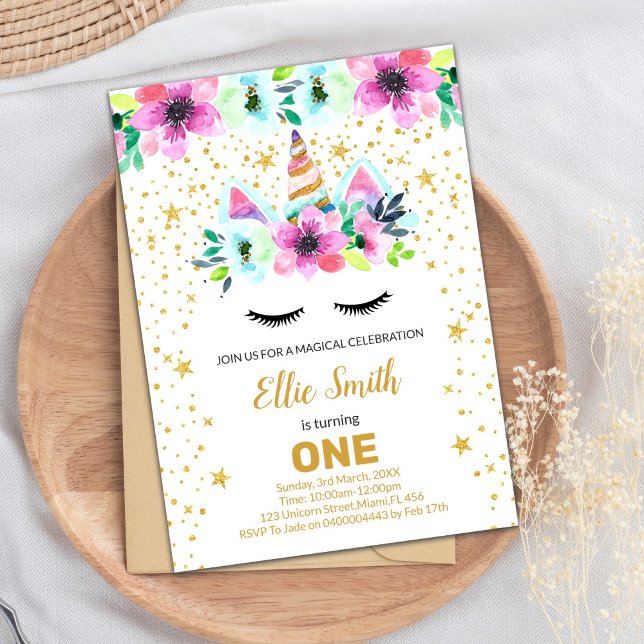 Convite Placas Unicórn rosa e verdes personalizáveis (Pink Green Unicorn Cards)