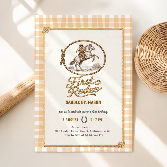 Convite Plaid Gingham Cowboy First Rodeo 1st Birthday (Criador carregado)