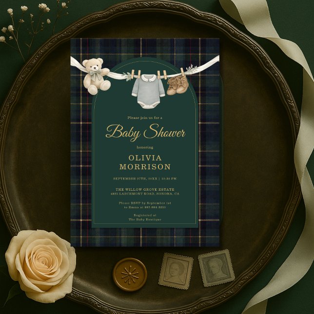 Convite Plaid Green Teddy Bear Clothesline Baby Shower (Criador carregado)