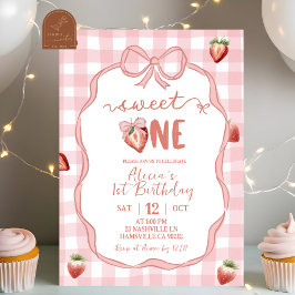Convite Plaid Rosa Morango Coquette Doce Aniversário de um