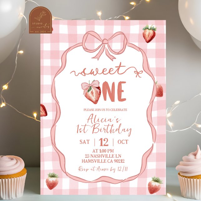Convite Plaid Rosa Morango Coquette Doce Aniversário de um (Criador carregado)