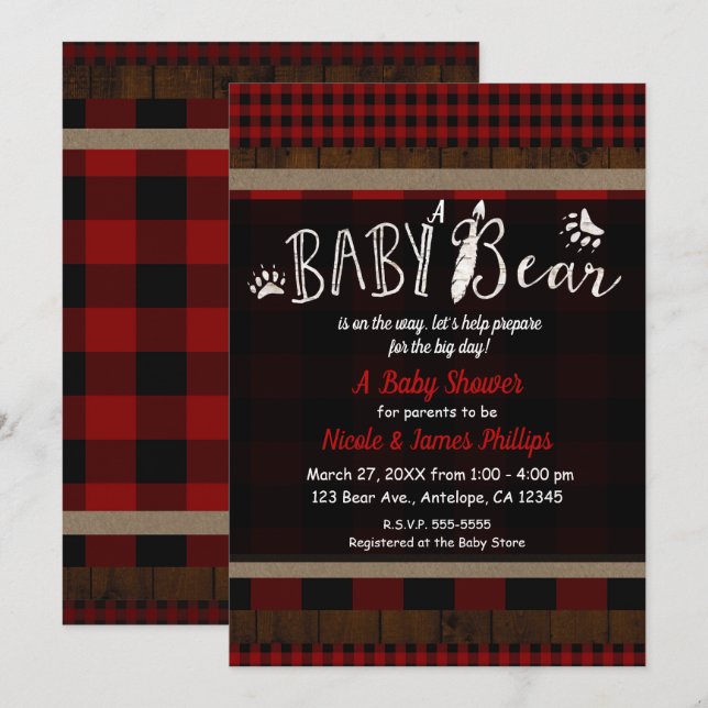 Convite Plaid Rustico Urso Vermelho Bebe Chá de Bebê Unise (Frente/Verso)