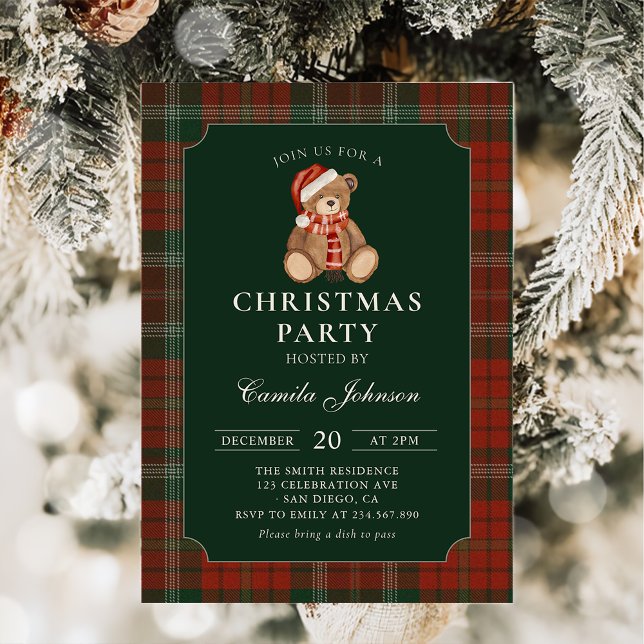 Convite Plaid Teddy Bear Christmas Party Invitation (Criador carregado)