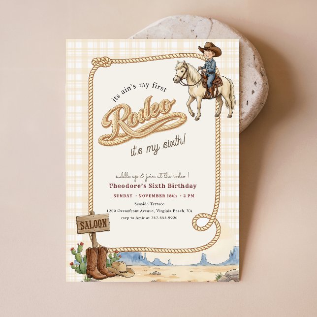 Convite Plaid Western Desert Cowboy Rodeo 6th Birthday (Criador carregado)