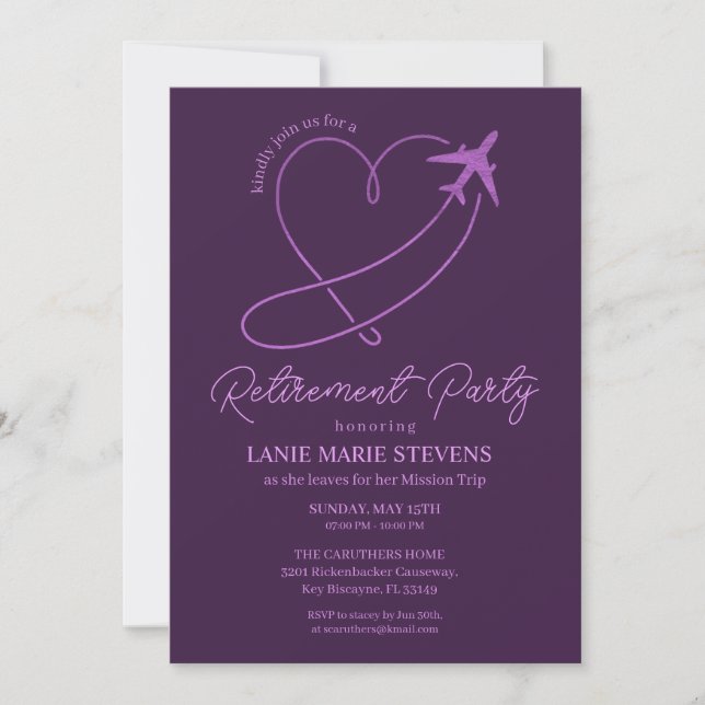 Convite Plain Purple Heart Plain Retirement Party (Frente)