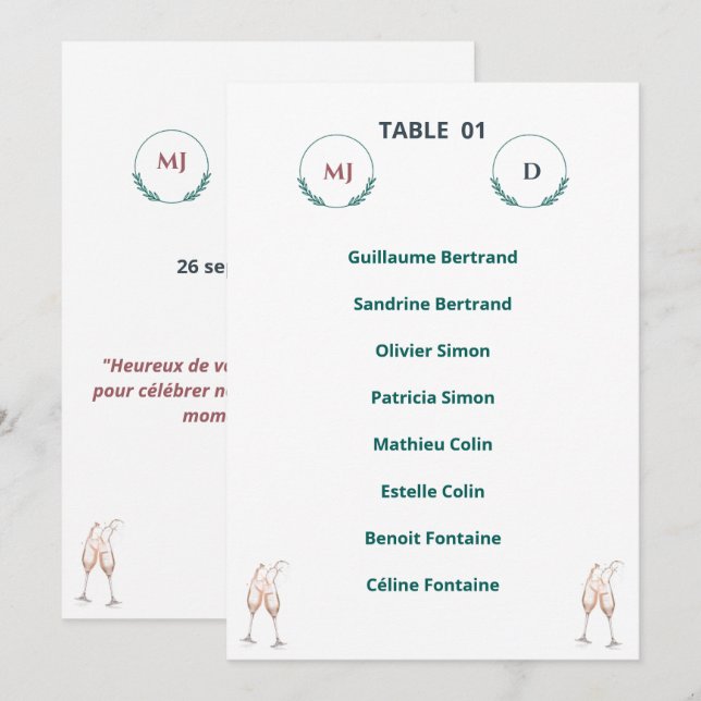 Convite Plan de Table Individuel Chic – Harmony Journey (Frente/Verso)
