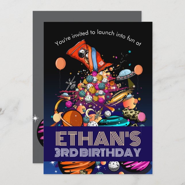 Convite Planetas doces na Festa de aniversário espacial (Frente/Verso)