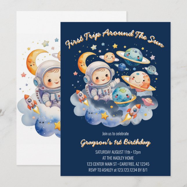 Convite Planetas Exteriores Azul Primeiro Aniversário (Frente/Verso)