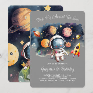 Convite Planetas Exteriores Cinza Primeiro Aniversário