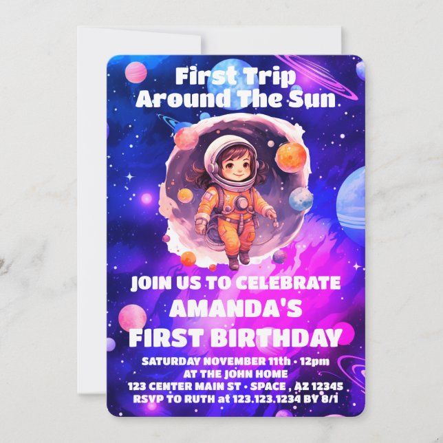 Convite Planetas Exteriores Menina Rosa Primeiro Aniversár (Frente)