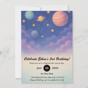 Convite Planetas Pastéis no Céu Noturno de Aniversário