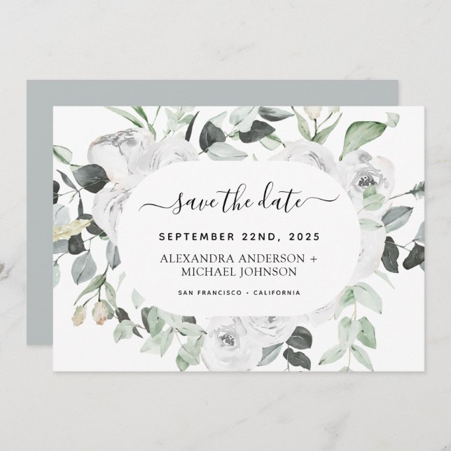 Convite Plano Branco Eucalyptus de Orçamento Salvar a Data (Frente/Verso)