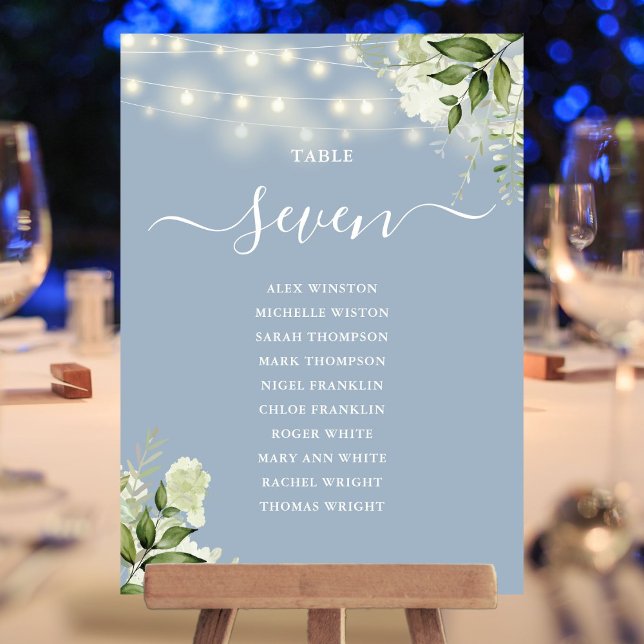 Convite Plano de Assento em Tom Azul Poeira com Número de  (Dusty Blue Greenery Seating Plan Table Number)