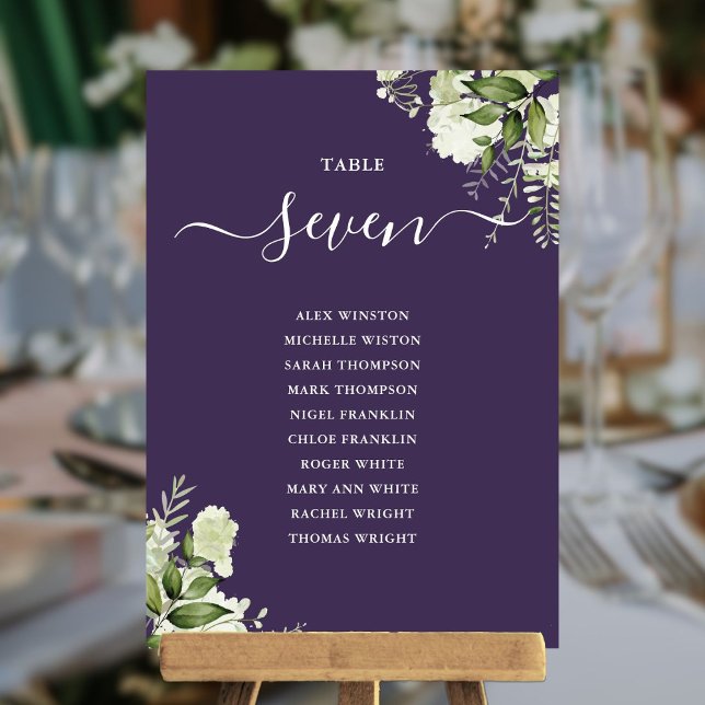 Convite Plano de Assento Floral Verde Roxo Número da Mesa (Purple Greenery Floral Seating Plan Table Number)