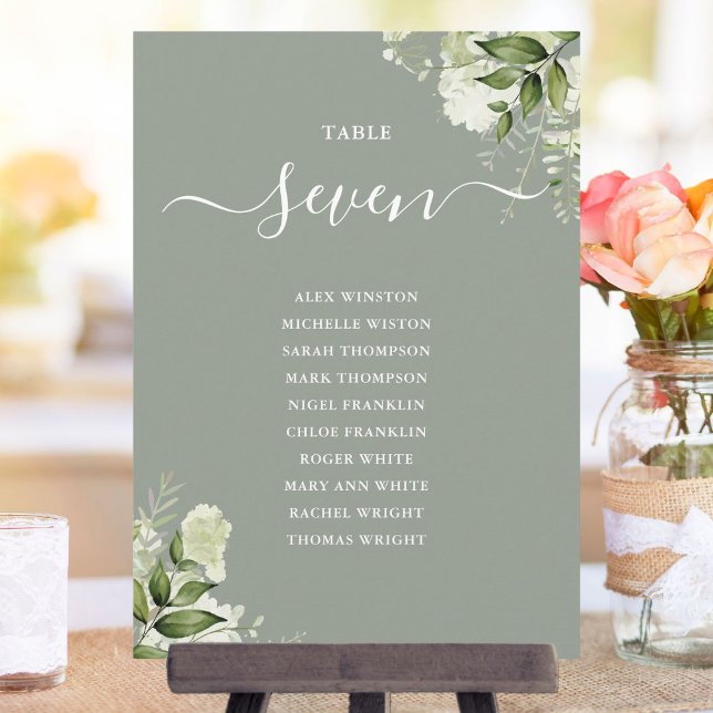 Convite Plano de Assento Floral Verde Sálvia Número da Mes (Sage Green Floral Seating Plan Table Number)