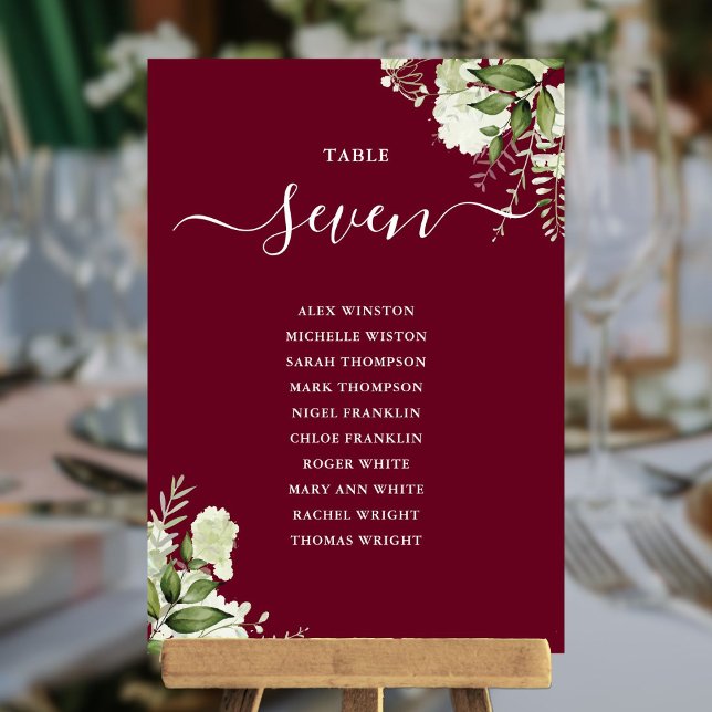 Convite Plano de Assentos com Número da Mesa em Verde Burg (Burgundy Greenery Seating Plan Table Number)
