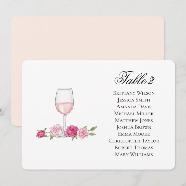 Convite Plano de assentos com rosas. Copo de vinho. Casame (Frente/Verso)