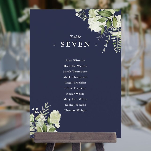 Convite Plano de Assentos de Mesa em Azul Marinho com Verd (Navy Blue Greenery Seating Plan Table Number)