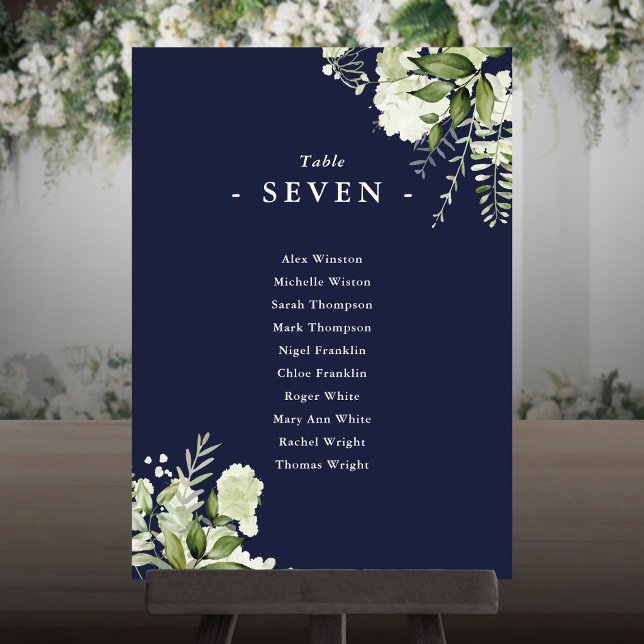 Convite Plano de Assentos de Mesa Número Verde Azul-Marinh (Navy Blue Greenery Seating Plan Table Number)