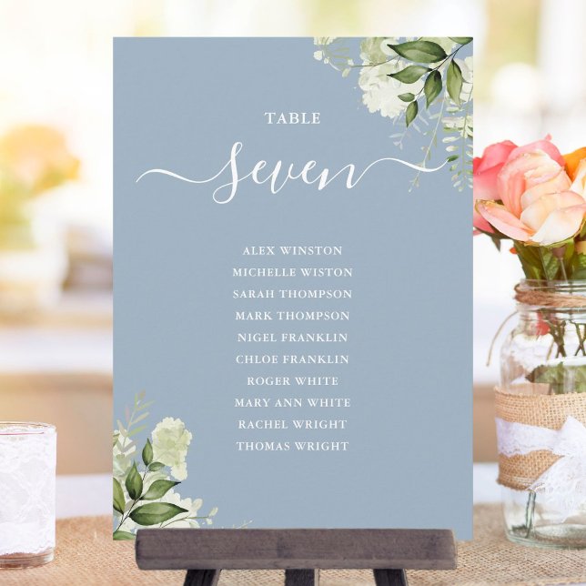 Convite Plano de Assentos Número da Mesa em Azul Poeirento (Dusty Blue Greenery Seating Plan Table Number)