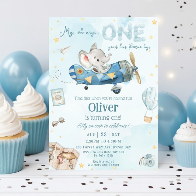 Convite Plano de Elefante Bonito Voa Um primeiro aniversar (cute elephant riding blue airplane adventure time flies 1st first birthday invitation turning one)