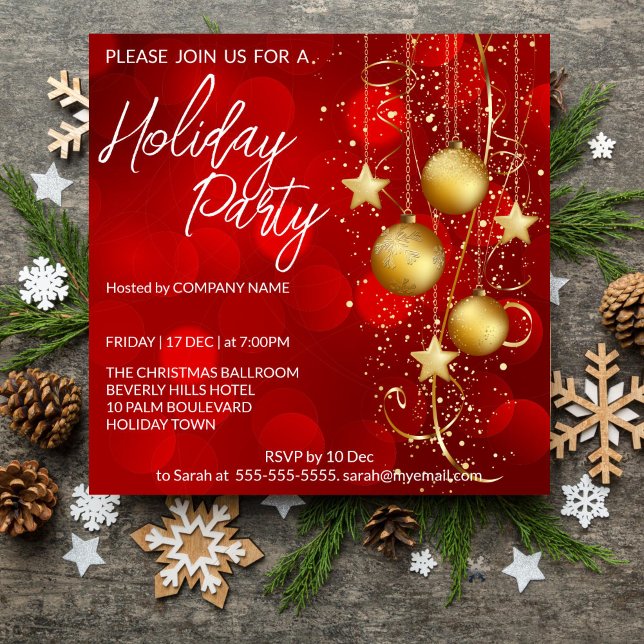 Convite Plano de fundo do Red and gold baubles Feriado Con (Christmas Holiday party editable template invitation digital download red baubles gold corporate )