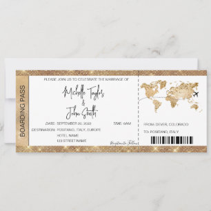 Convite Plano Dourado de Casamento de Destino do Bilhete d