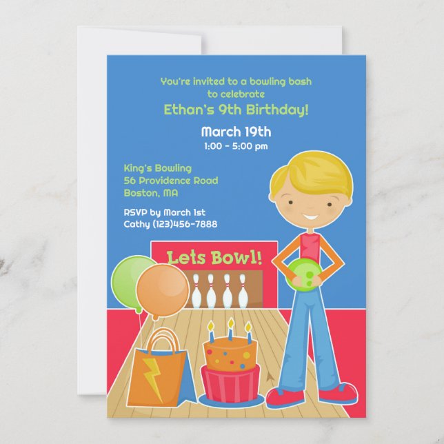 Convite plano para Festa de aniversário boliche (Frente)