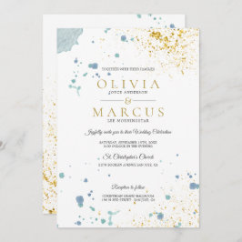 Convite Plantadores Dourados e Azuis Modernos de Casamento
