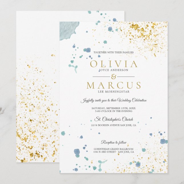 Convite Plantadores Dourados e Azuis Modernos de Casamento (Frente/Verso)
