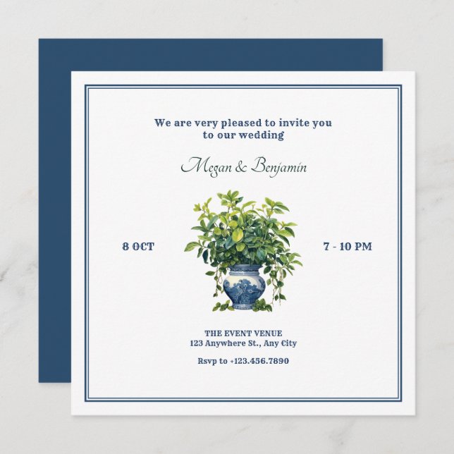 Convite Plantas com casamento artístico de vaso (Frente/Verso)