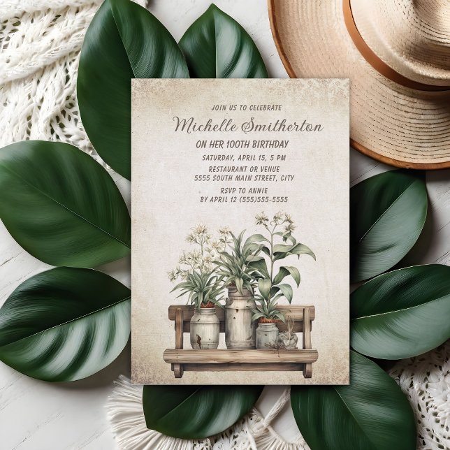 Convite Plantas Rústicas de Fazenda Antiga Aniversário de  (Vintage potted plants 100th birthday party invitation)