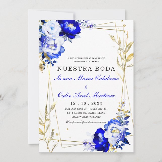 Convite Plantilla de boda en azul real y dorado (Frente)