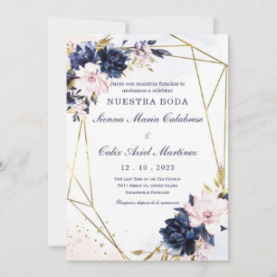 Convite Plantilla de invitación de boda azul real y rubor