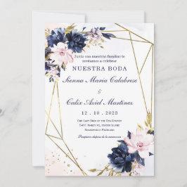 Convite Plantilla de invitación de boda azul real y rubor