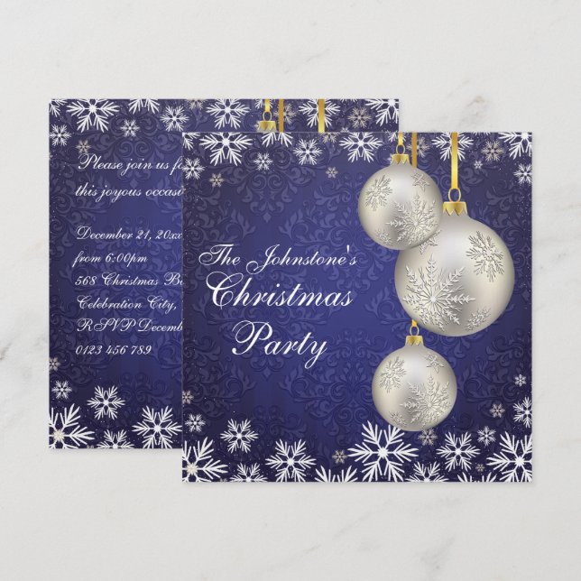 Convite Platina Silver Christmas Balls Blue (Frente/Verso)