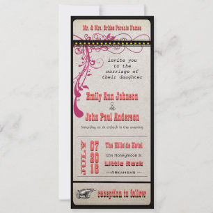 Convite Playbill Ticket Wedding Raspberry Coral and Yellow