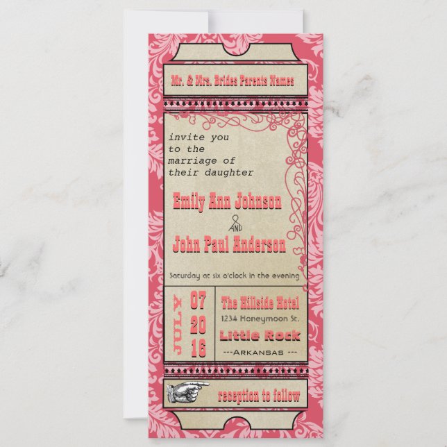 Convite Playbill Ticket Weding Raspberry Coral e Amarelo (Frente)