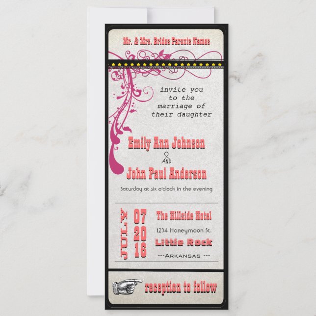 Convite Playbill Ticket Weding Raspberry Coral e Amarelo (Frente)
