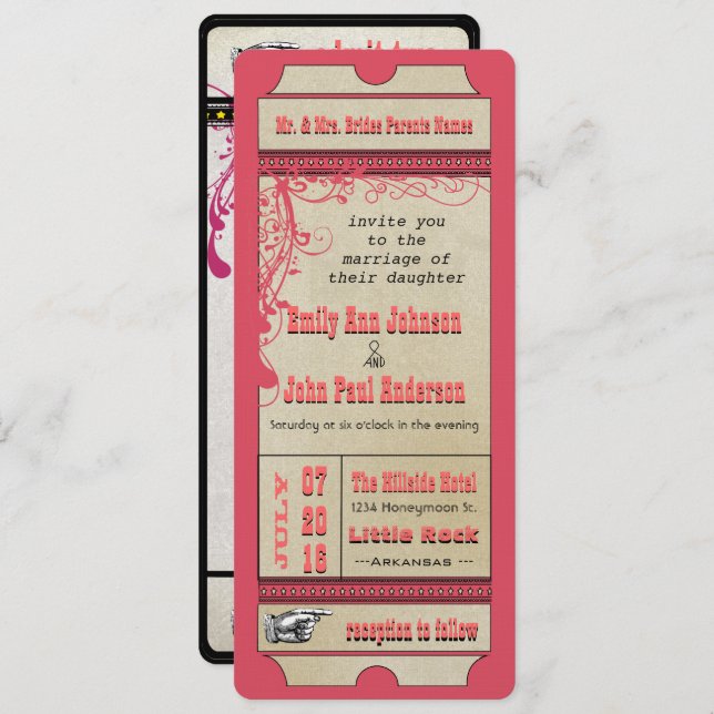 Convite Playbill Ticket Weding Raspberry Coral e Amarelo (Frente/Verso)