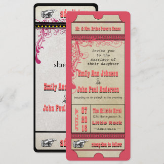 Convite Playbill Ticket Weding Raspberry Coral e Amarelo