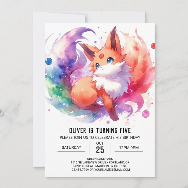 Convite Playcolor Watercolor Fox Birthday (Frente)