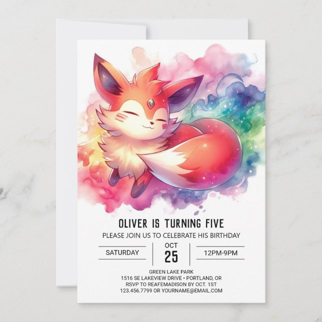 Convite Playcolor Watercolor Fox Birthday (Frente)