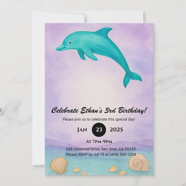 Convite Playful Blue Dolphin & Seashell Ocean Birthday  (Frente)